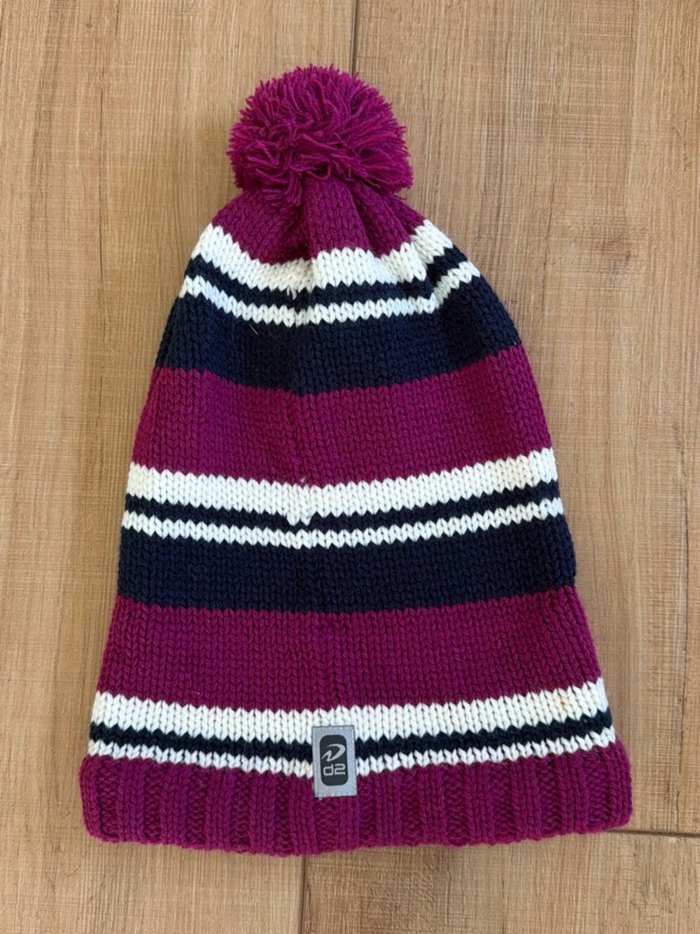 Striped Pom Pom Kids Beanie in Berry, Navy, and White (8-16)